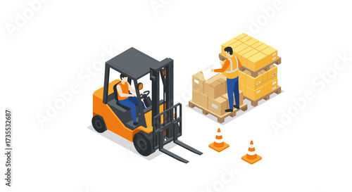 Isometric forklift and worker with boxes in warehouse setting