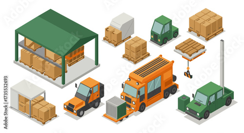 Isometric warehouse logistics with forklift, truck, and storage box elements