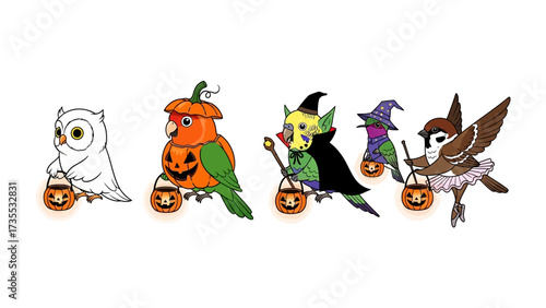 Halloween Birds: A charming scene of several cute and creative birds in costume, prepared for trick-or-treating during the festive Halloween season.