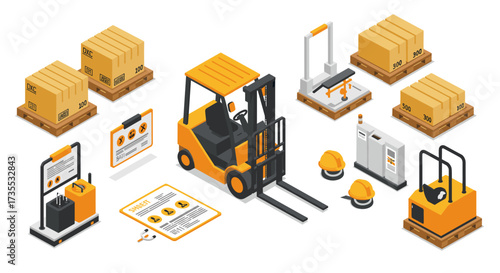 Warehouse equipment and safety gear in isometric design for efficient logistics operations