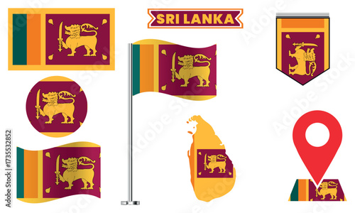 Sri Lanka Flag Vector Set Waving Flag, Map, Icon, and Badge Designs
