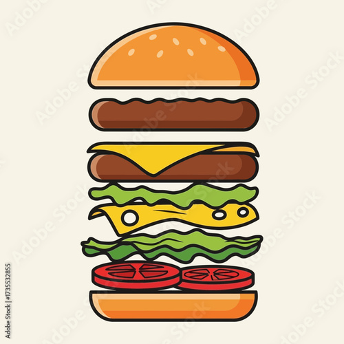Tall layered burger illustration on a light background.