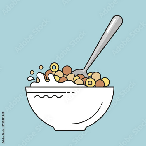 Bowl of cereal with milk and spoon on blue background