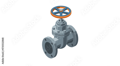 Industrial gate valve in isometric view with detailed metal textures