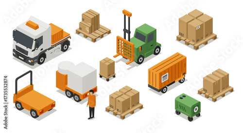 Isometric logistics and delivery elements with trucks and cargo pallets