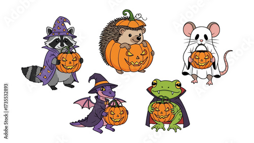 Halloween Creature Crew: A captivating, family-friendly illustration portrays an enchanting ensemble of adorable woodland creatures, each adorned in festive attire.