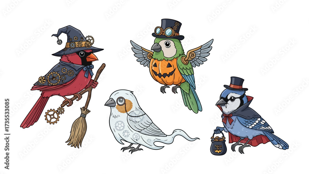Naklejka premium Halloween Steampunk Birds: A whimsical gathering of charming bird illustrations, each adorned with intricate steampunk-inspired attire and celebrating the Halloween spirit. The scene evokes delight.