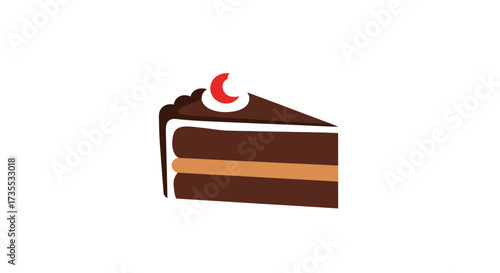 Slice of chocolate cake with frosting and cherry on top.