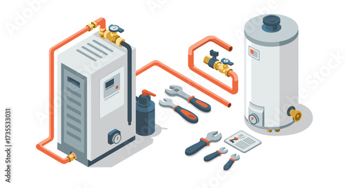 Modern isometric heating system with tools and piping