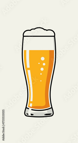 A glass of golden beer with white foam on a light background.
