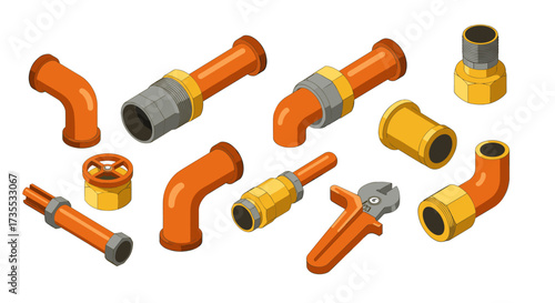 Isometric pipe fittings and tools industrial 3d design with vibrant colors