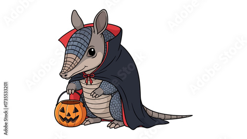 Armadillo Halloween: An adorable cartoon armadillo dressed up for Halloween in a spooky cloak, holding a jack-o'-lantern bucket filled with sweet treats, ready for trick-or-treating.