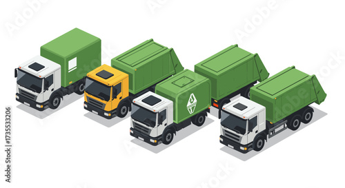 Isometric garbage trucks collection in various colors and styles