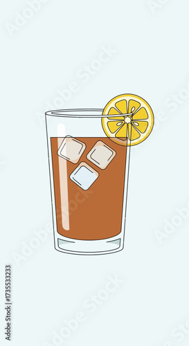 Glass of iced tea with lemon slice and ice cubes.