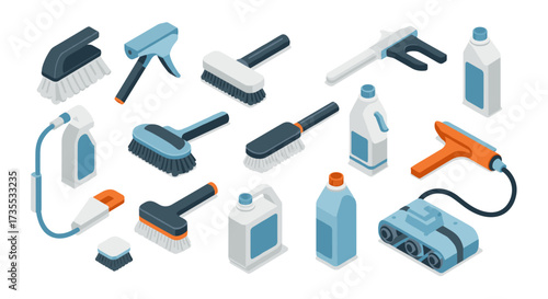 Isometric cleaning tools and supplies set with brushes and detergent bottles