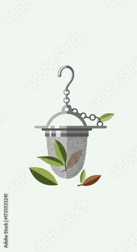 Metal tea infuser with green leaves on a light background.