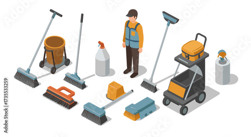 Isometric cleaning equipment setup with worker in uniform