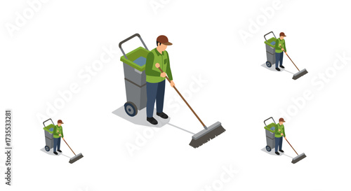 Isometric janitor cleaning with broom and cart on white background