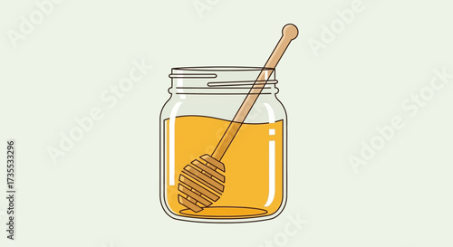 Jar of golden honey with wooden dipper on light background