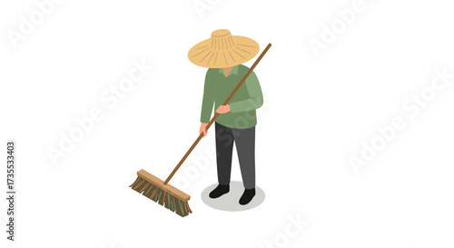 Isometric illustration of person sweeping floor with straw hat