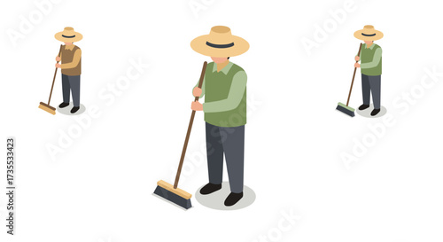 Isometric people sweeping with brooms in hat and vest on white background
