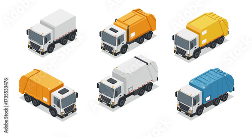 Isometric garbage trucks collection various colors and designs for waste management graphics