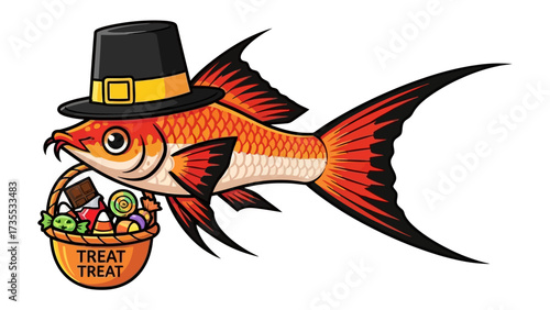Trick or Treat Fish with a Black Hat: A charming illustration features a vibrant orange fish donning a whimsical black hat, gleefully carrying a basket overflowing with Halloween treats.