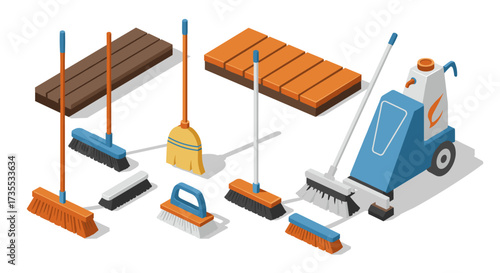 Isometric cleaning equipment set with brooms and mops on white background