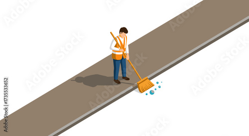 Isometric street cleaner sweeping sidewalk with broom on a sunny day