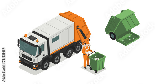 Isometric garbage truck collection scene with worker and detailed recycling bins