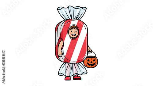 Sweet Delight: A cheerful individual, dressed as a candy, embodies the spirit of Halloween, carrying a festive pumpkin bucket and evoking the sweet anticipation of the season.