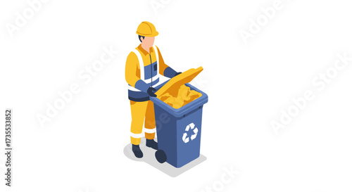 Isometric waste management worker disposing trash in recycle bin