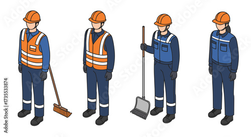 Isometric workers in safety gear with cleaning tools