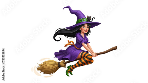 Witch Flying on Broom: An enchanting witch takes flight on her broom, with a mischievous cat perched atop, creating a whimsical scene. 