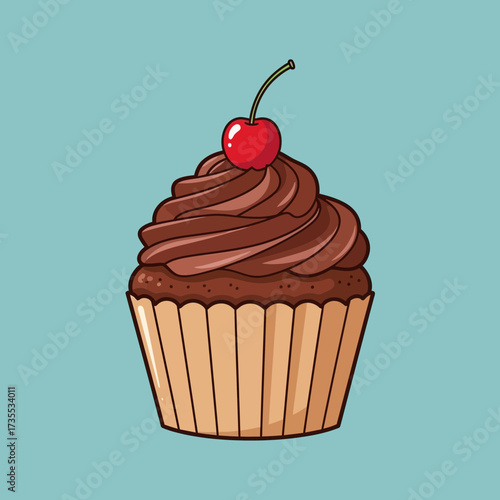 Chocolate cupcake with cherry topping on blue background.