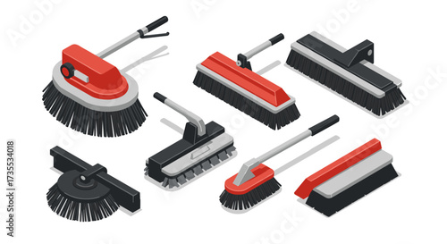 Isometric set of floor sweepers and scrubbers in red and black