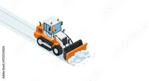 Isometric snow plow on a clear path with clean white background