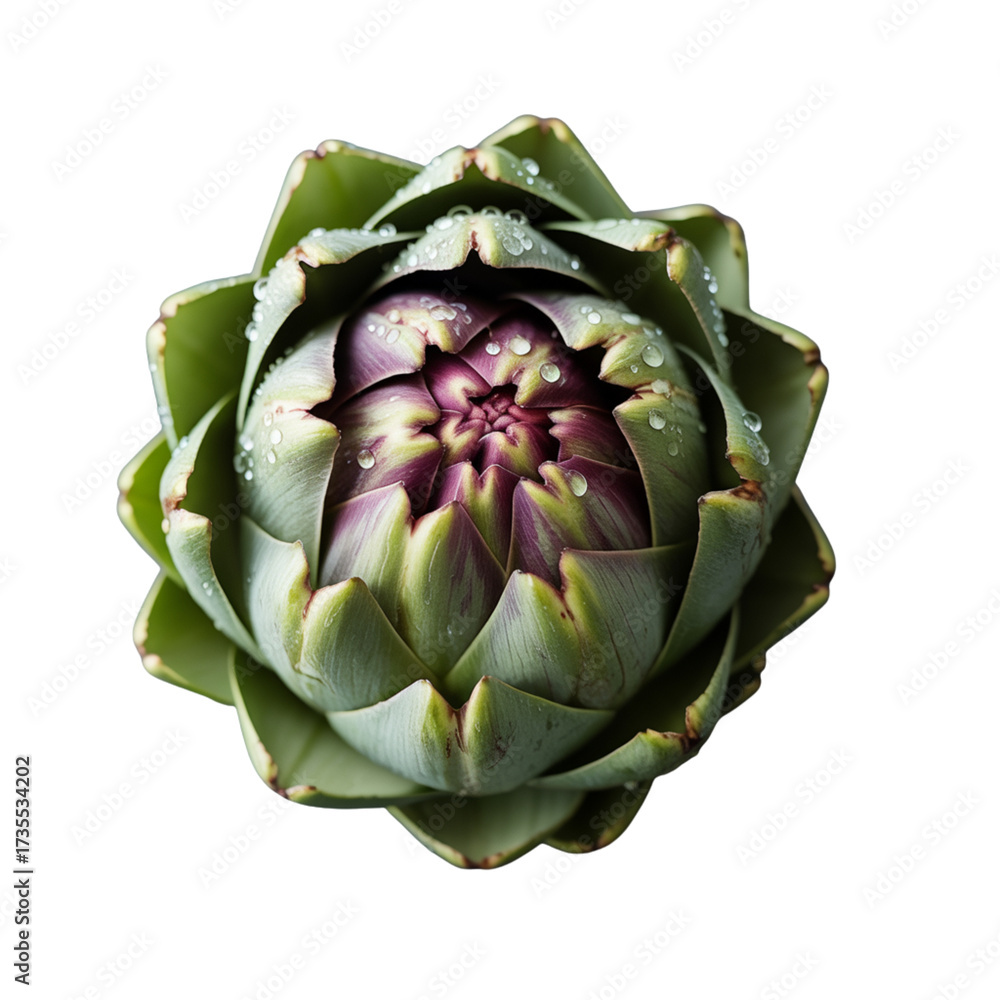 Obraz premium Fresh green artichoke with purple center on black background