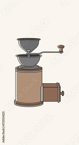 Manual coffee grinder with a wooden base and metal parts.