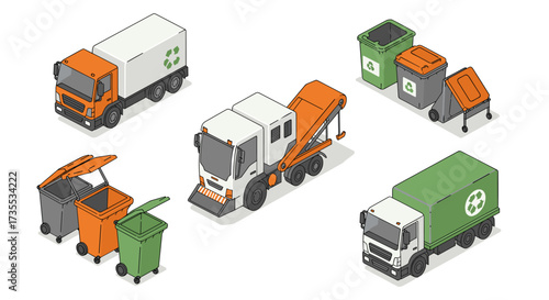 Sustainable waste management vehicles and recycling bins isometric design