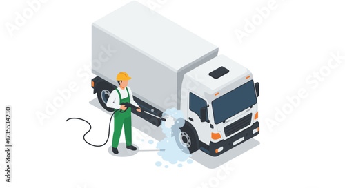 Worker using power washer to clean isometric delivery truck on white background
