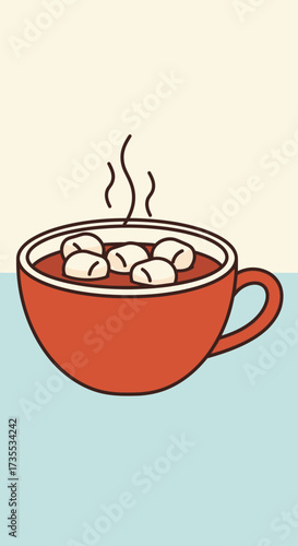 Hot chocolate in a red mug with marshmallows and steam.