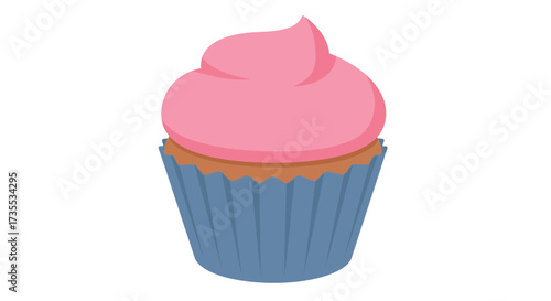 A single cupcake with pink frosting in a blue wrapper.