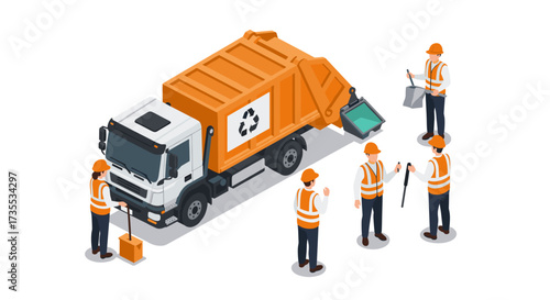 Isometric garbage truck and workers engaged in recycling and waste management activities
