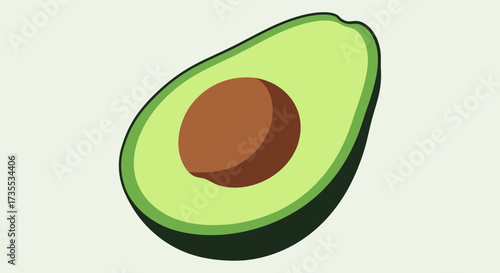 A halved avocado with a brown pit against a light background.