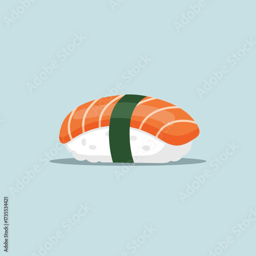 Salmon sushi on a light blue background.