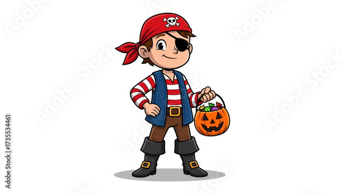 Young Pirate's Halloween Adventure: A jovial cartoon illustration of a young pirate, brimming with a charming blend of swashbuckling spirit and Halloween cheer, ready to collect candies.