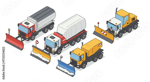 Isometric snow plow trucks illustration with different configurations and colors