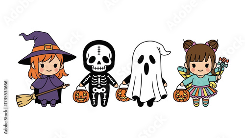 Halloween Friends: A group of charming children dressed in festive costumes stand ready for trick-or-treating on a light backdrop. The children, with their colorful attire and endearing expressions.