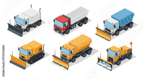 Isometric snow removal trucks collection with plows in various colors and designs